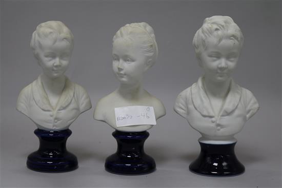 A set of three French bisque busts of children, after Houdon H.19cm.